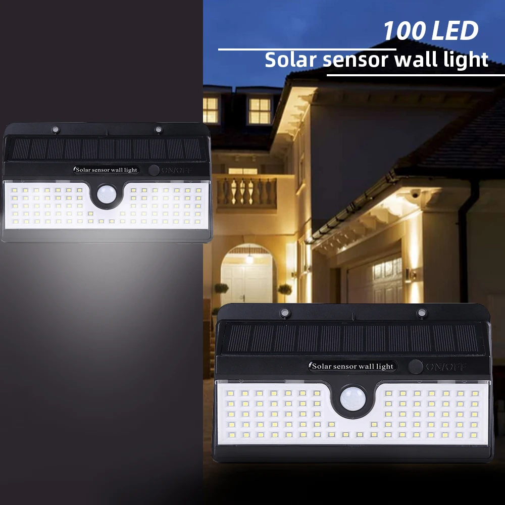 Движения PIR Сенсор 100LED солнца светильник Управление солнечной энергии настенный светильник двор путь домой гараж сад крыльцо 3-по бокам на солнечных батареях Мощность лампа