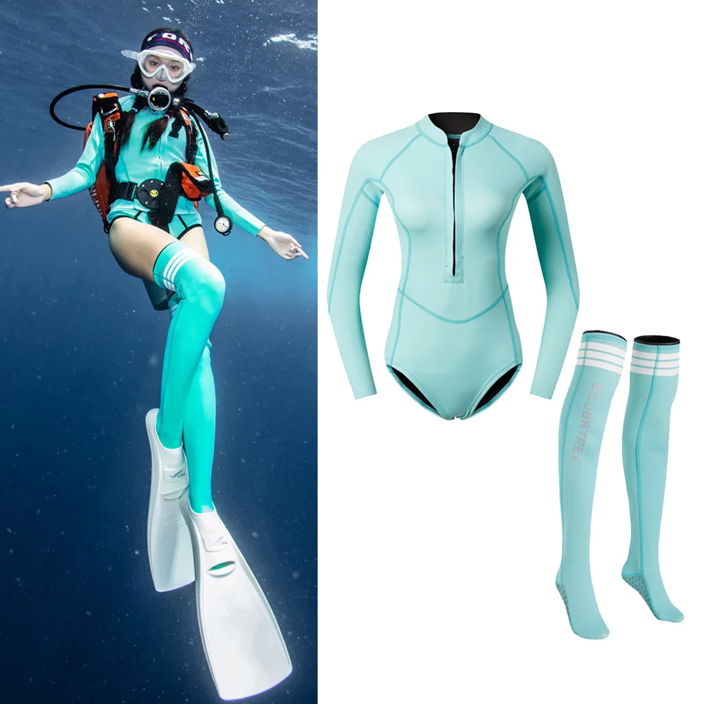 

1PC Women Wetsuit Long Sleeve Swimwear Rash Guard & Non-slip Dive Sock Swimwear Surf Suit Swimming Diving Suit