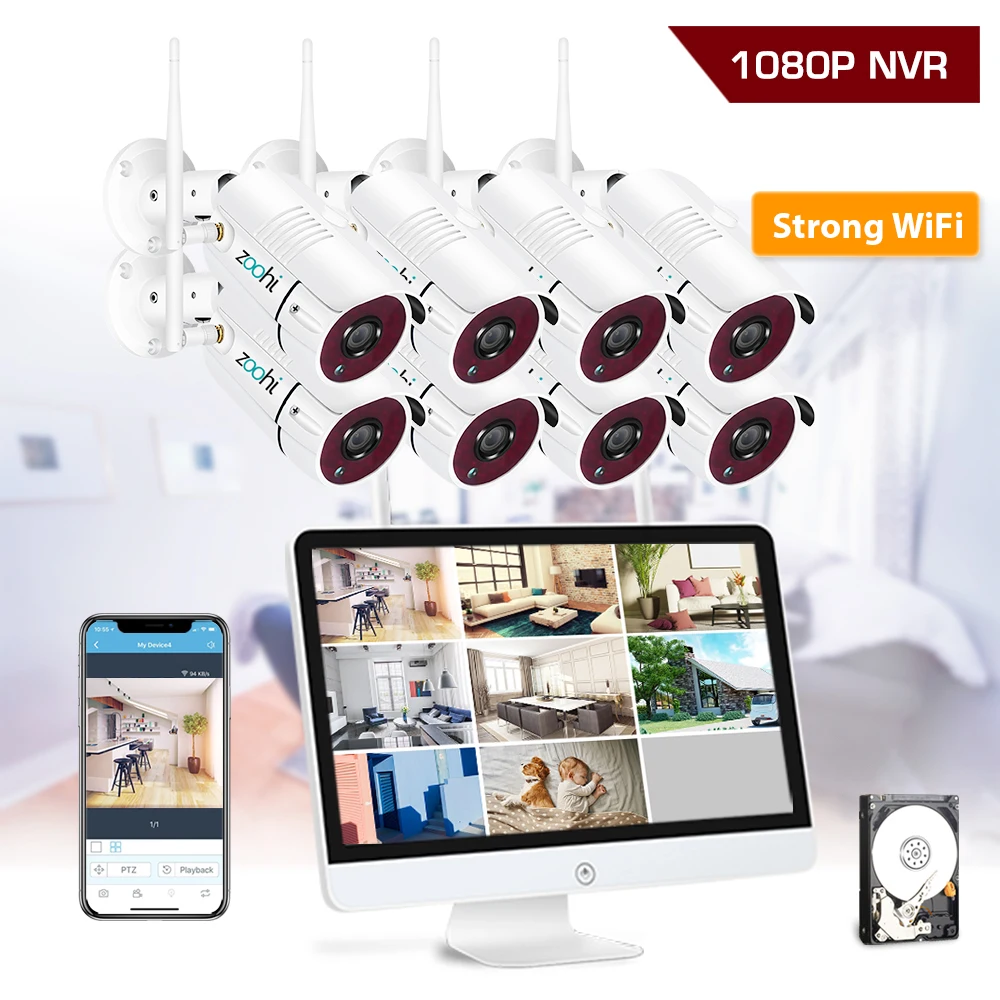 

Zoohi 8CH 2MP Wireless Security Camera System Kits 15.6 Inch CCTV System 1080P NVR Outdoor Wifi IP Camera Surveillance Kits