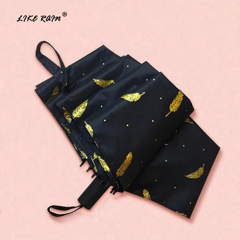 

LIKE RAIN Woman Folding Umbrella For Rain Sun Kids Mini Umbrellas Rain Female Creative Feather Printing Anti UV Parasol UBY04