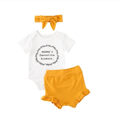0-18M Infant Baby Girls Boys Clothes Sets 3pcs Letter Print White Romper Tops+Yellow Shorts+Headband | Детская одежда и обувь