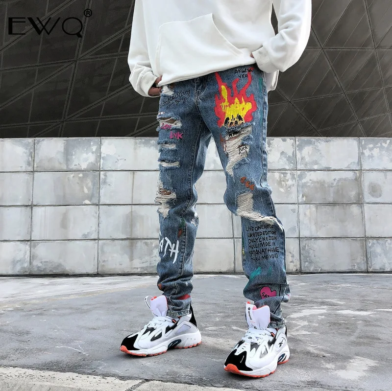 EWQ / Men's Jeans 2020 Spring Holes For Male Trend Personglity Printing Trousers With Pockets Fashion New 19H-a257 | Мужская одежда