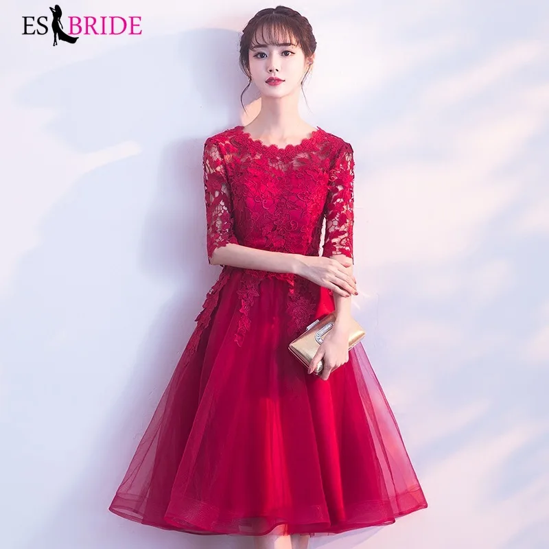 

Lace Prom Dresses Red A-Line O-Neck Half Sleeve Elegant Tulle Evening Party Gowns Vestido De Festa 2019
