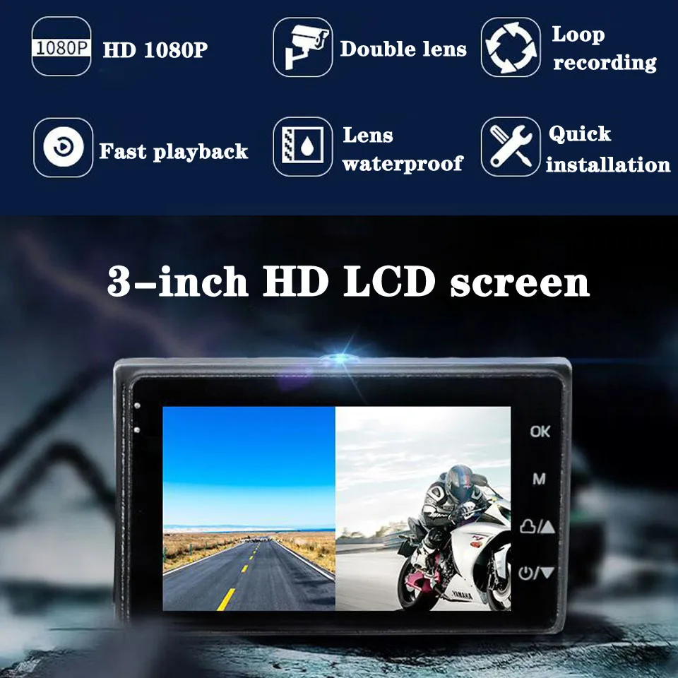 New HD 1080P Motorcycle Recorder DVR Camera Dash Cam 3.0 Inch Driving Video Recorder Dashcam Front and Rear View Camera G-sensor