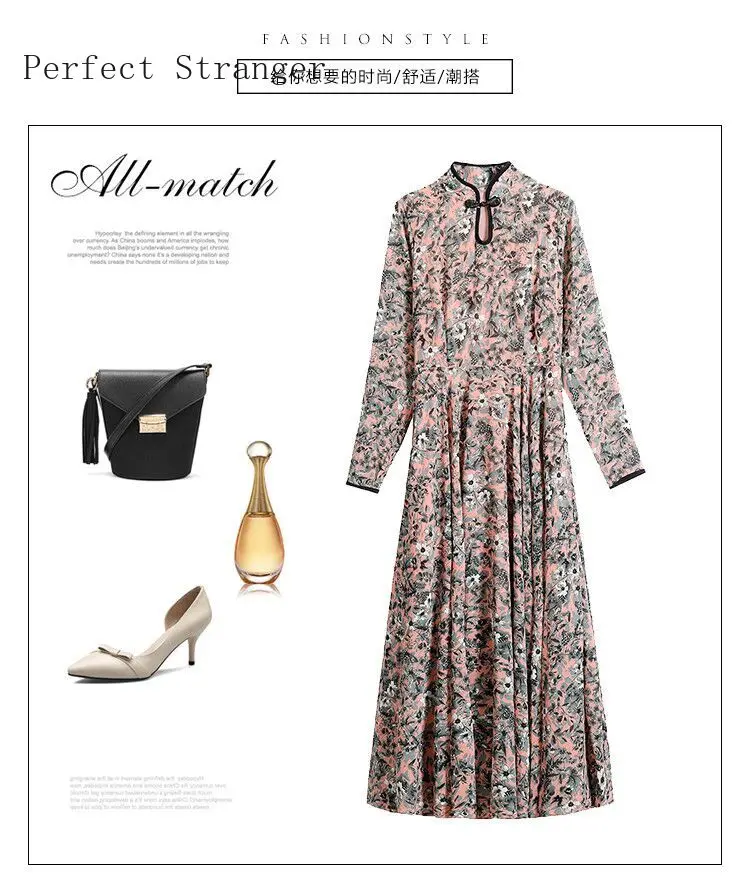 2021 Spring New Arrival Stand Collar Flower Printed Long Sleeve Plus Size M-4XL Women Long Dress High Quality