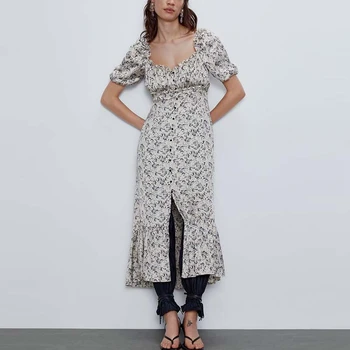 

Fashion Floral Mid Calf Ruffles Dress Women Puff Sleeve Temperament A-line High Waist Square Collar Vacation Dress NX9451