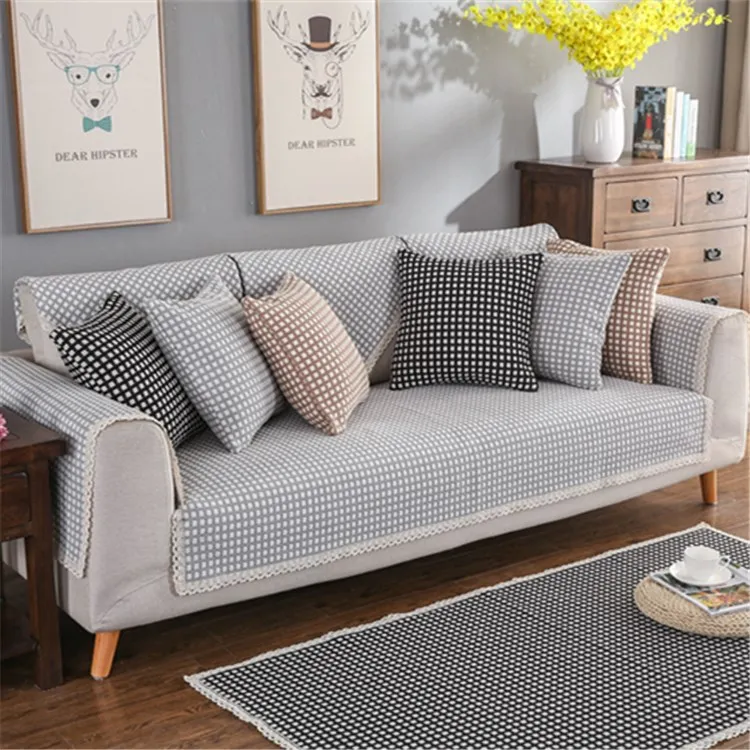 

Thick Anti-slip Cotton Linen Sofa Cushion Modern Minimalist Plaid Sofa Cover Case Cover Four Seasons
