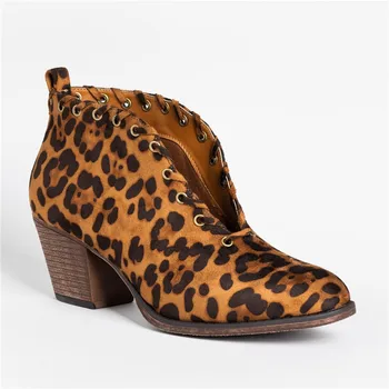 

COOTELILI Women Shoes Leather Mid Heel Ankle Boots Summer Fall Casual Botas Black Leopard Print Feminina Point Toe Slip On