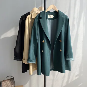 

Women's Lapel Collar Coat Long Sleeve Solid Color Blazer Outerwear 2020 Spring Autumn Loose Double Breasted Jacket For Female