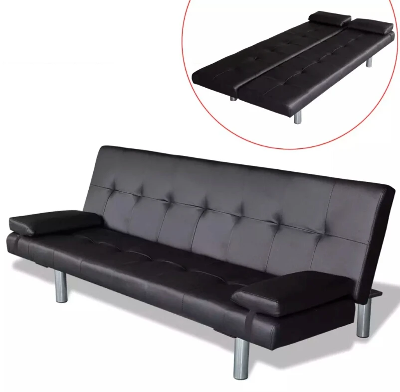 

2019 New Leather Couch Bed Sofa Bed Minimalist Modern Black Sofa Futon Beds with 2 Pillow Bad Couches for Living Room Furniture