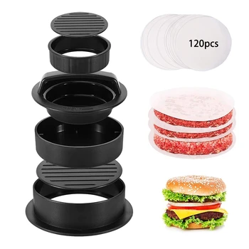 

3 in 1 Burger Press Patty Stuffed Burger Maker with 120Pcs Burger Paper Non Stick Sliders Beef Burger Press - Black
