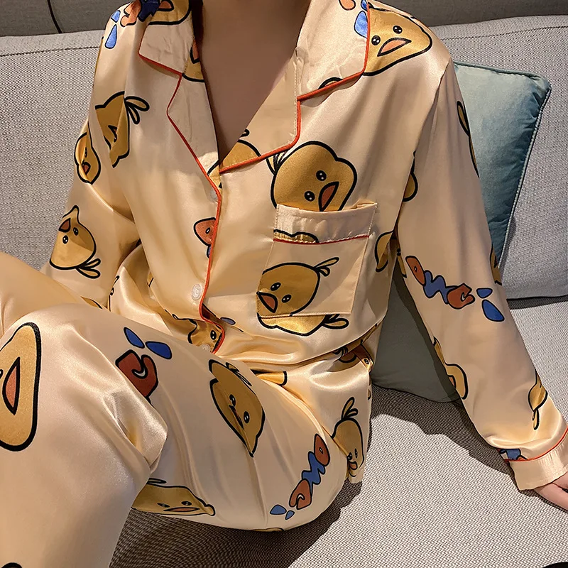 

Pajamas Women's Spring And Autumn Viscose Long Sleeve Cute Small Yellow Duck Two-Piece Set Thin Silk Korean-style Students Home