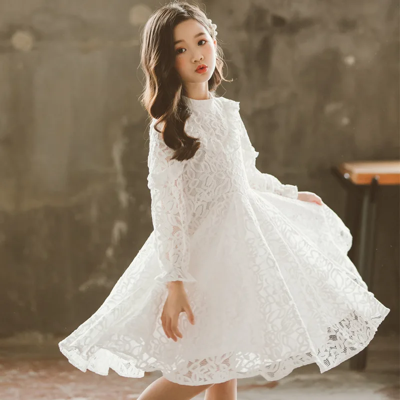 

Elegant White Lace Flower Long Sleeve Tutu Wedding Dress for Girls Ball Gowns Party Bridesmaid Frocks Kid Dresses For 4-14 Yrs