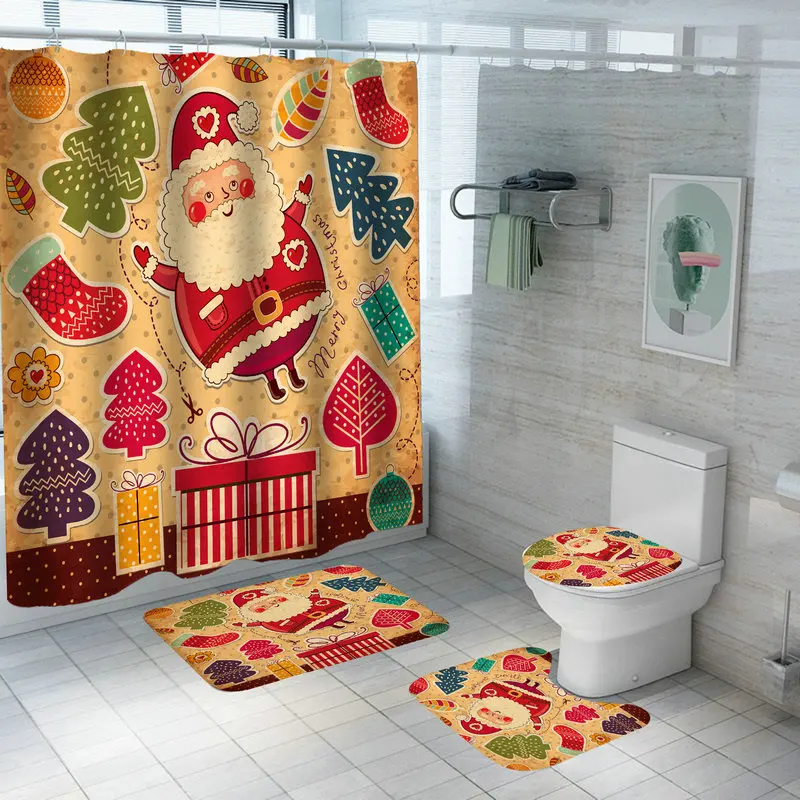 Christmas Santa Pattern 180*200cm Polyester Waterproof Shower Curtain Bath Decor 