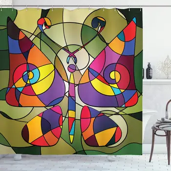 

Butterflies Shower Curtain, Butterfly Wings Consisting of Twisted Lines Modern Abstract Design, Cloth Fabric Bathroom Decor Set