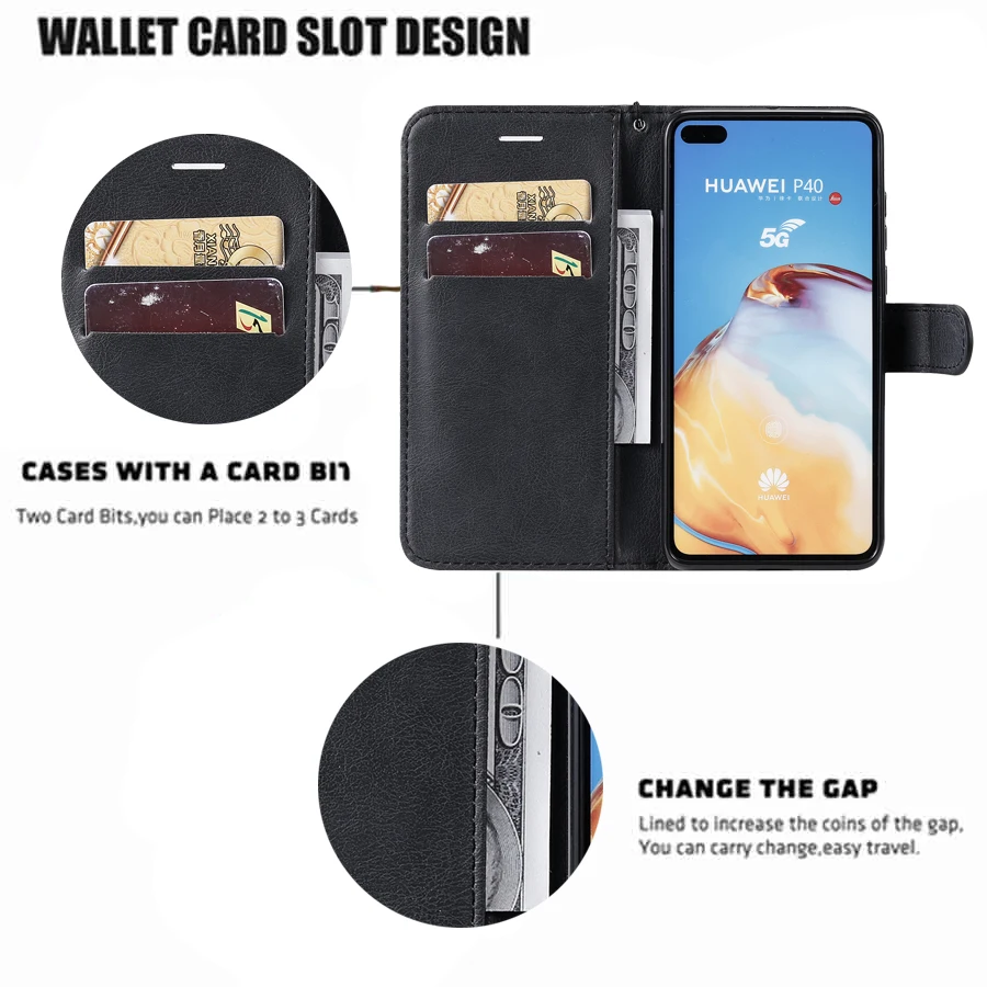 Leather Flip Wallet Case For Huawei P40 Lite E P30 Pro P20 P10
