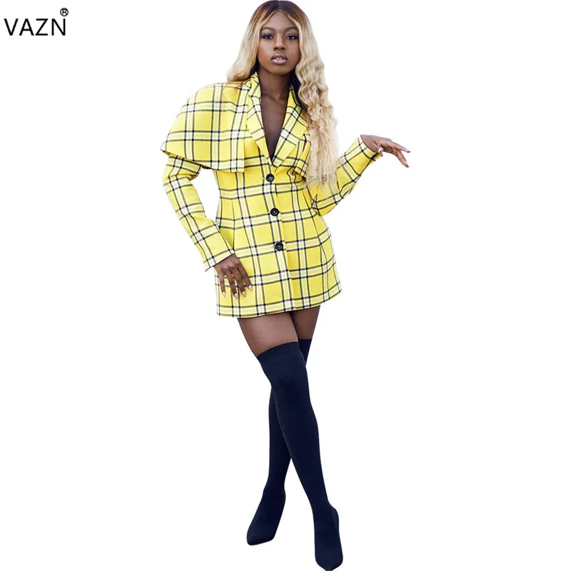 

VAZN Spring Mature Elegant Fashion 2019 Sexy Women Dress Yellow Plaid Full Sleeve Special Straigth Mini Dress Vestido HMS5189