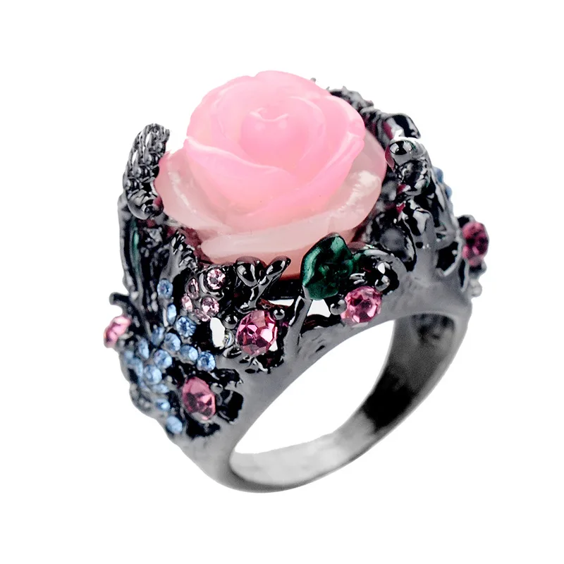 pink Винтажные Стразы, опал, дерево, цветок, кольца для женщин, ювелирные изделия, обручальные кольца для женщин, подарки для женщин, свадебные кольца, ювелирные изделия - Цвет основного камня: pink