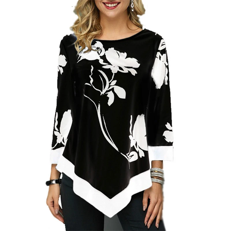  2020 New Women Plus Size Shirt Spring Autumn Printing O-neck Blouse 3/4 Sleeve Casual Hem Irregular