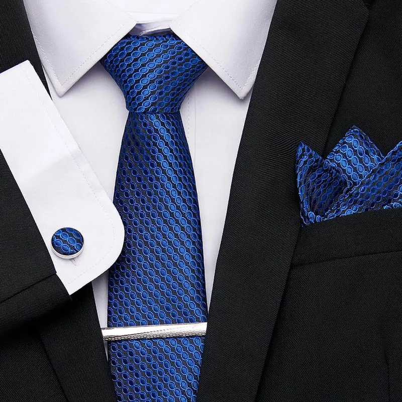 

Wedding Men Blue Soild Neckties 7.5cm 100% Silk Handkerchief Tie Clip Cuffink Tie Set Men Classic Ties Formal Dress Accessories