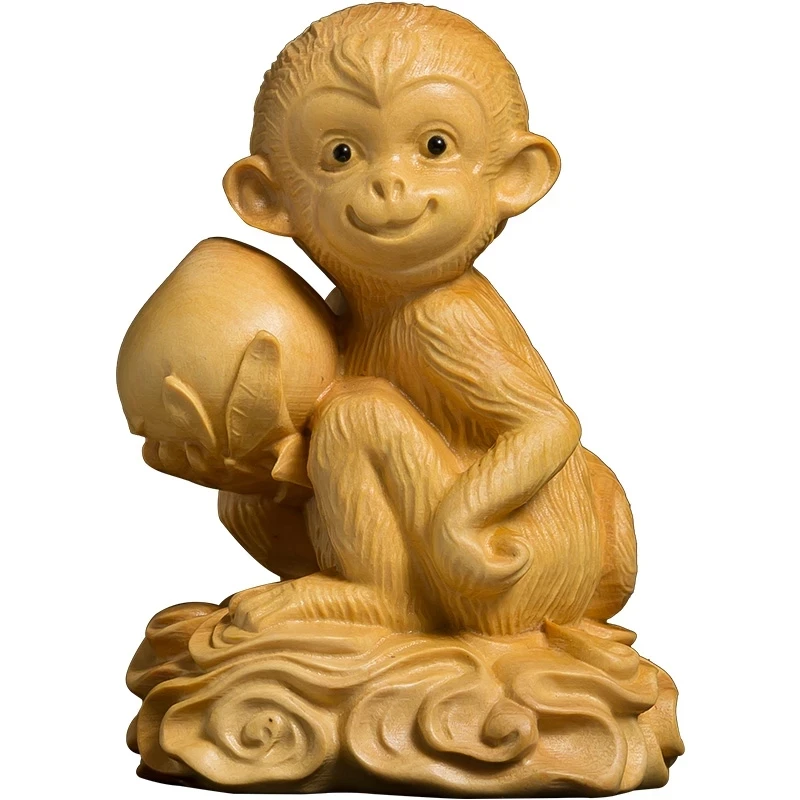 

Boxwood 9cm Monkey Sculpture Wood Carving Animal Statue Chinese Zodiac Longevity Lucky Home Decor