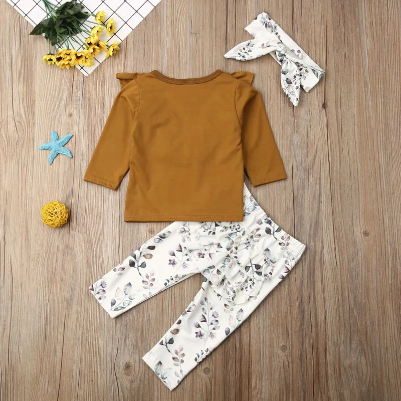 Focusnorm/ Модный комплект одежды для маленьких девочек от 0 до 24 месяцев, однотонный хлопковый топ с длинными рукавами, штаны с цветочным принтом, повязка на голову, комплект из 3 предметов