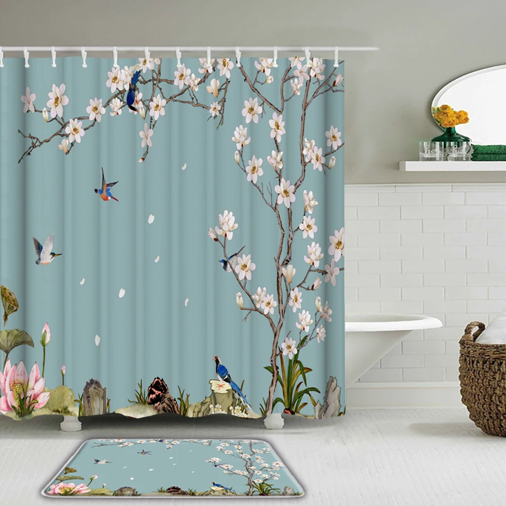

3D Printing Flowers Birds Fabric Waterproof Shower Curtain Bathroom Curtains Set With Hooks Non-Slip Rug and Toilet Bath Mat
