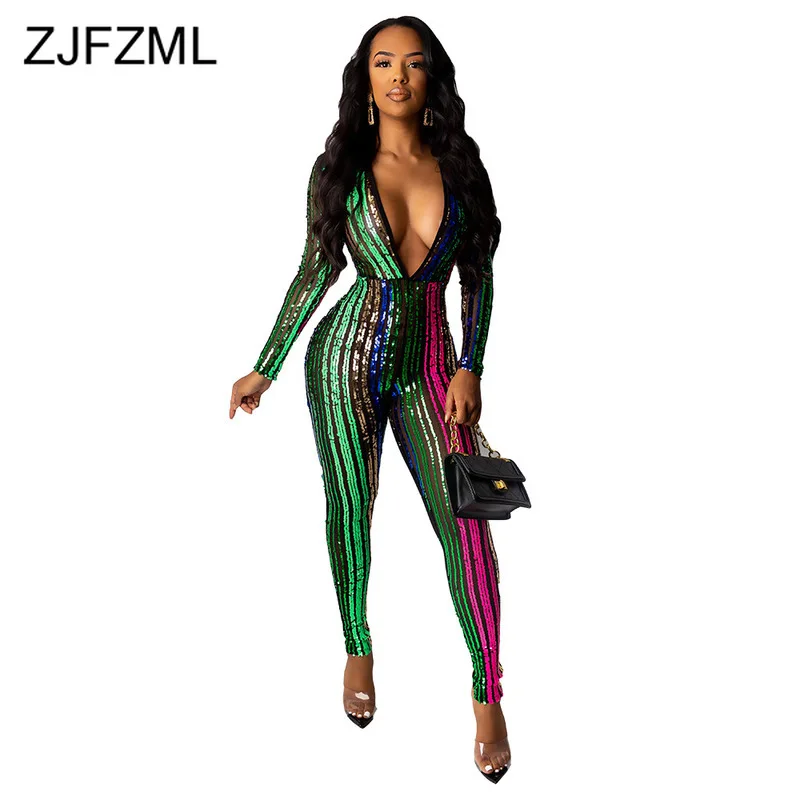 

Colorful Sequin Deep V Neck Sexy Jumpsuit Women Low Cut Skinny Long Sleeve Bodysuit Plus Size Party Clubwear Bandage Overalls