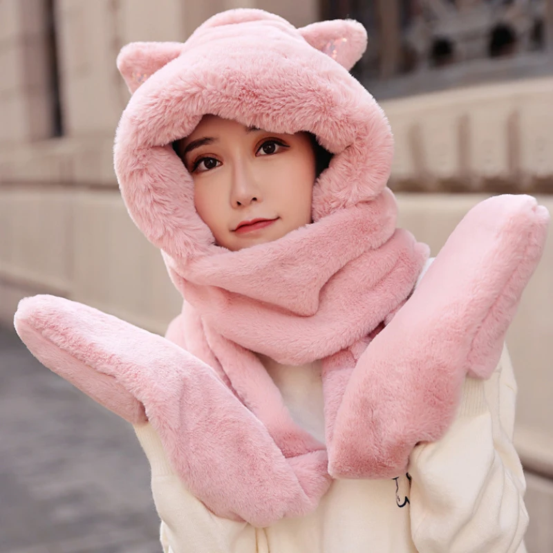 

HT3432 Women Winter Hat Cute Soft Fleece Hat Scarf Glove Set 3 in 1 Winter Accessory Lady Thick Warm Ski Earflap Cap Winter Set
