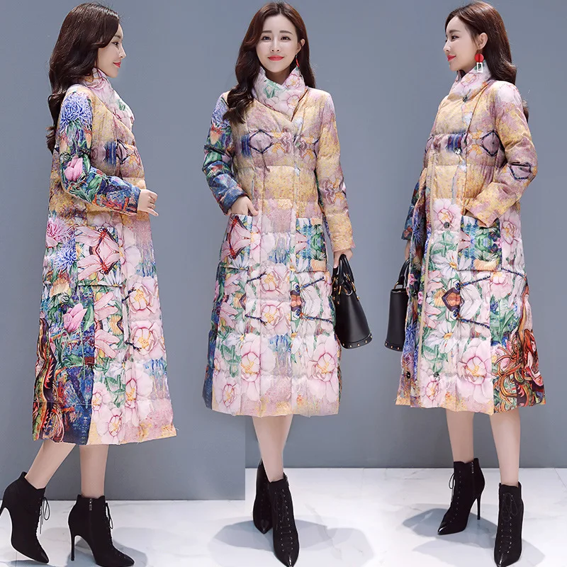 

Limited Edition Hot Selling 2018 Winter Fashion National Wind Thick-Printed Heat Transfer Floral Patterns Stand Collar Long Cott