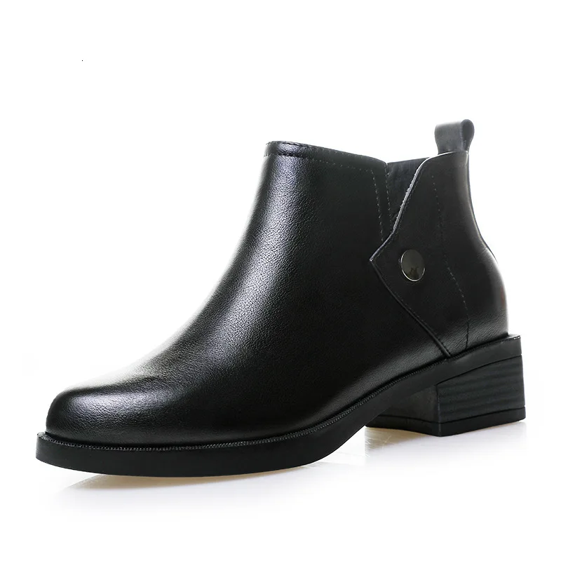 

Genuine leather brief martin boots thick heels short ankle botines zipper cut out winter shoes women solid chelsea bottes femme