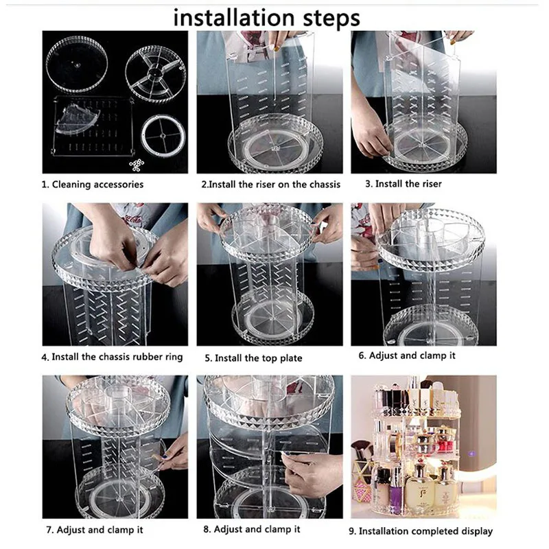 Органайзер для макияжа, прозрачная коробка для хранения, органайзер для косметики, вращающаяся на 360 градусов стойка для хранения косметики, пластиковая коробка в сборе