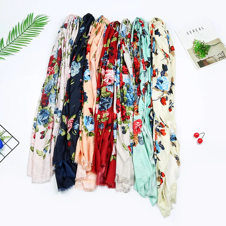 

2018 Europe And America New Style WOMEN'S Scarf Autumn And Winter Warm Cotton Linen Rose Printed Large Size Shawl