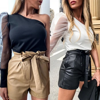 

Women Sexy One Shoulder Puff Sleeve Blouses Solid Pattern Patchwork Bodysuit Bodycon Vintage Shirt Top Casual Crop Top