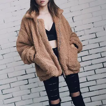 

Women Fur Coat Jacket Warm Plush Coats Zipper Big Pocket Elegant Fashion Autumn Outwear Rk