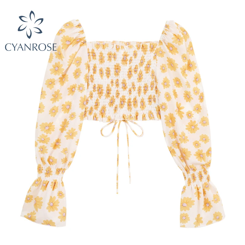 Blusa corta elástica con de Margarita para mujer, elegante de manga con cordón de encaje, blusas coreanas ajustadas para chica Mori 2021 Ins - AliExpress