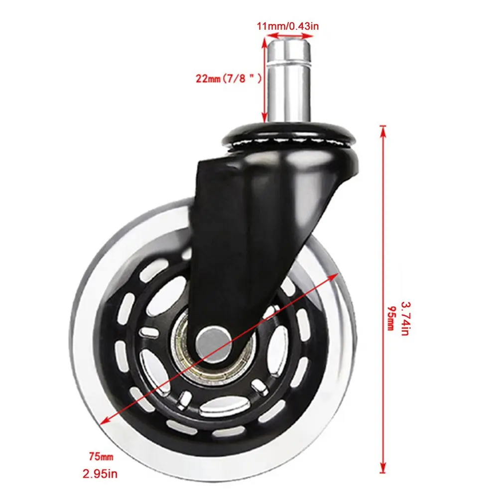 2,5 дюйма/3 дюйма PU Универсальный стопорный Ролик Черный сильный несущий прозрачный колесный офисный стул бесшумное колесо