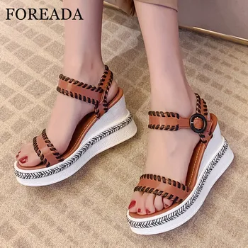 

FOREADA Woman Sandals Real Leather Extreme High Heels Espadrille Platform Wedge Heel Sandals Buckle Strap Ladies Shoes White 42