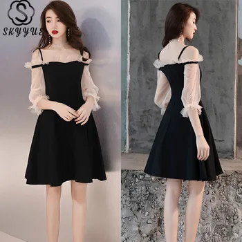 

Skyyue Half Sleeve Boat Neck Formal Dress Embroidery Contrast Color Women Party Dresses Chiffon A-Line Eveing Gown SB012