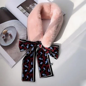 

Women Bowknot Easy Matching Winter Leopard Print Scarf Soft Warm Faux Fur Fashion Splice Neckerchief