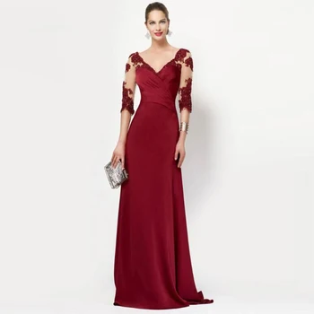 

Stunning A Line Red Deep V Neck Three Quarter Sleeve Mother of the Bride Dresses Applique Wedding Party Gowns Back Out 2020