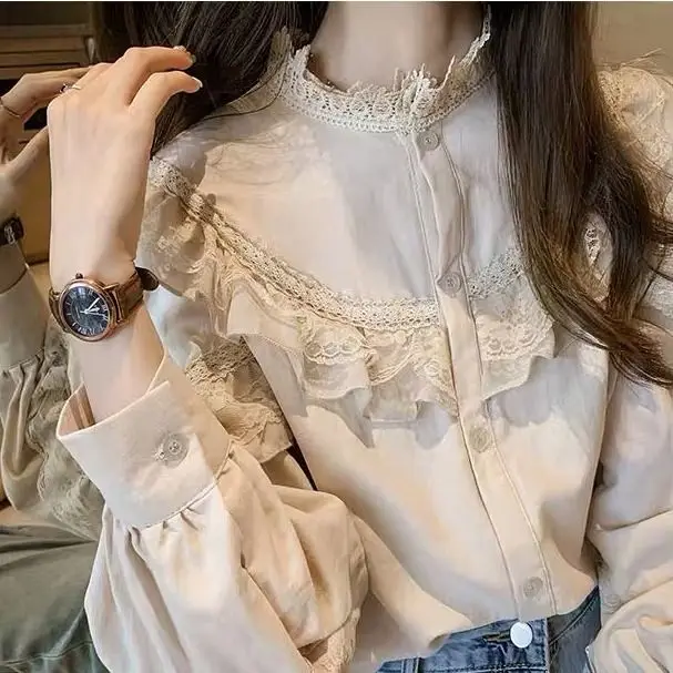 Женская кружевная рубашка с длинным рукавом весна 2019 | одежда