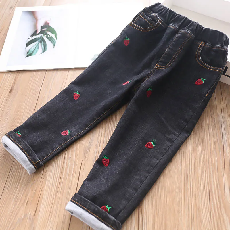 Autumn and Winter Girls Embroidered Strawberry Jeans, Pants, Children's Wear Wholesale