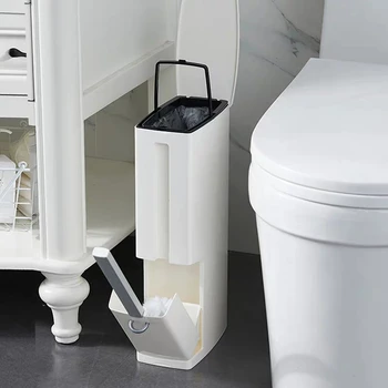 

Narrow Trash Bin Bathroom Trash can with Toilet Brush Garbage Bag Holder Waste Bin Plastic Rubbish Bin Dustbin 3 in 1
