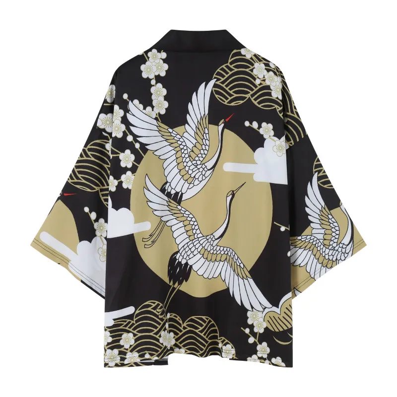 

Spring Summer New Fashion Woman Crane Pirnt Coat Japanese Kimono Cardigan Kimono Haori Man Loose Thin Outwear Anime Clothes