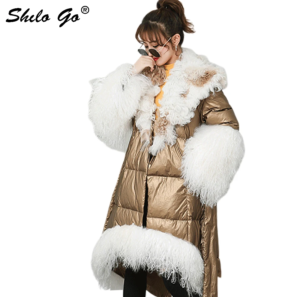 

Fur Coat Elegant Lamb Fur Collar Wrap Belted Mongolia Sheep Fur Cuff Cut-and-Sew Down Parkas Women Winter Asymmetry Long Coats