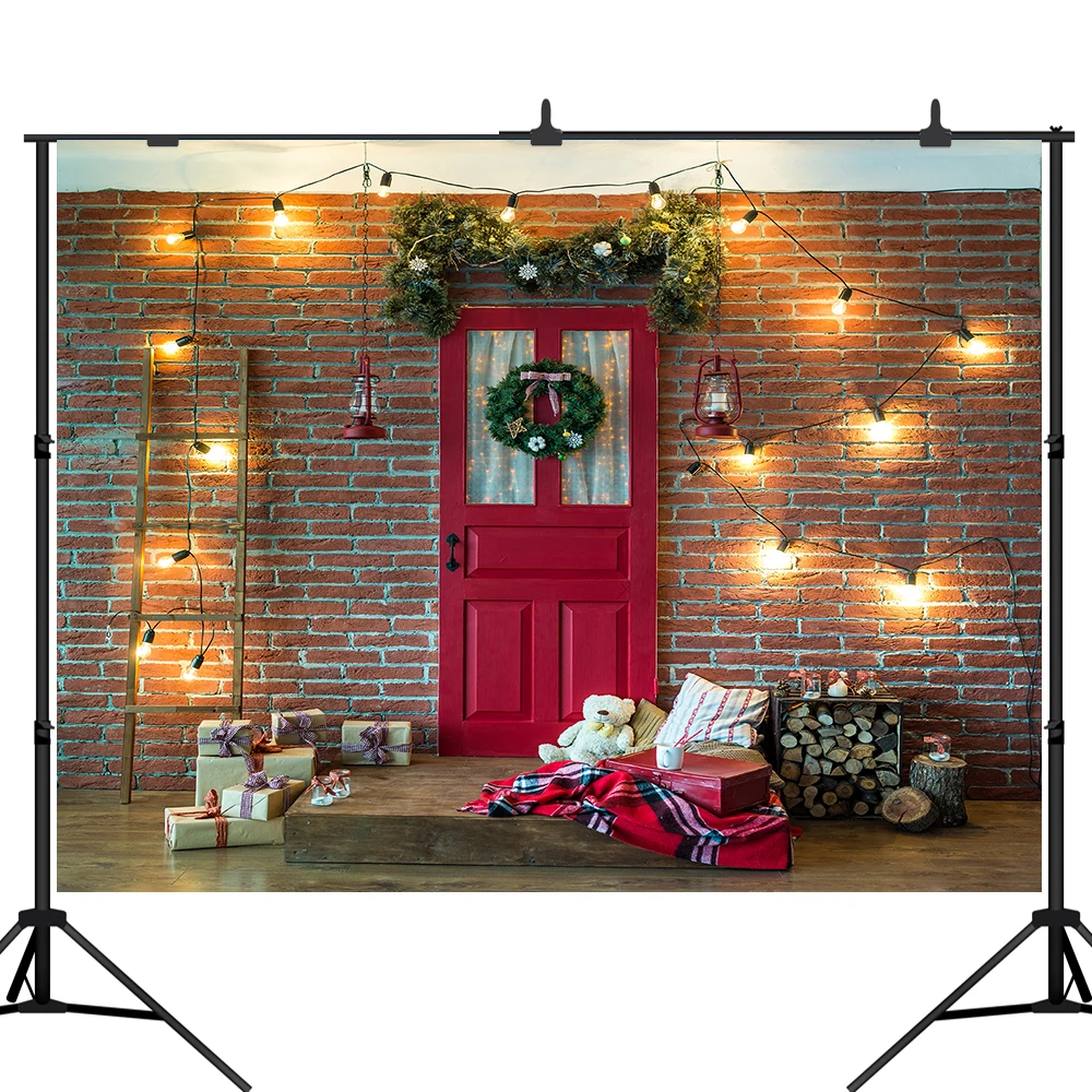 Lyavshi Red Brick Wall Newborn Baby Kids Photo Background Printed Bulbs Lantern Wood Door Garland Christmas Backdrop Photography |