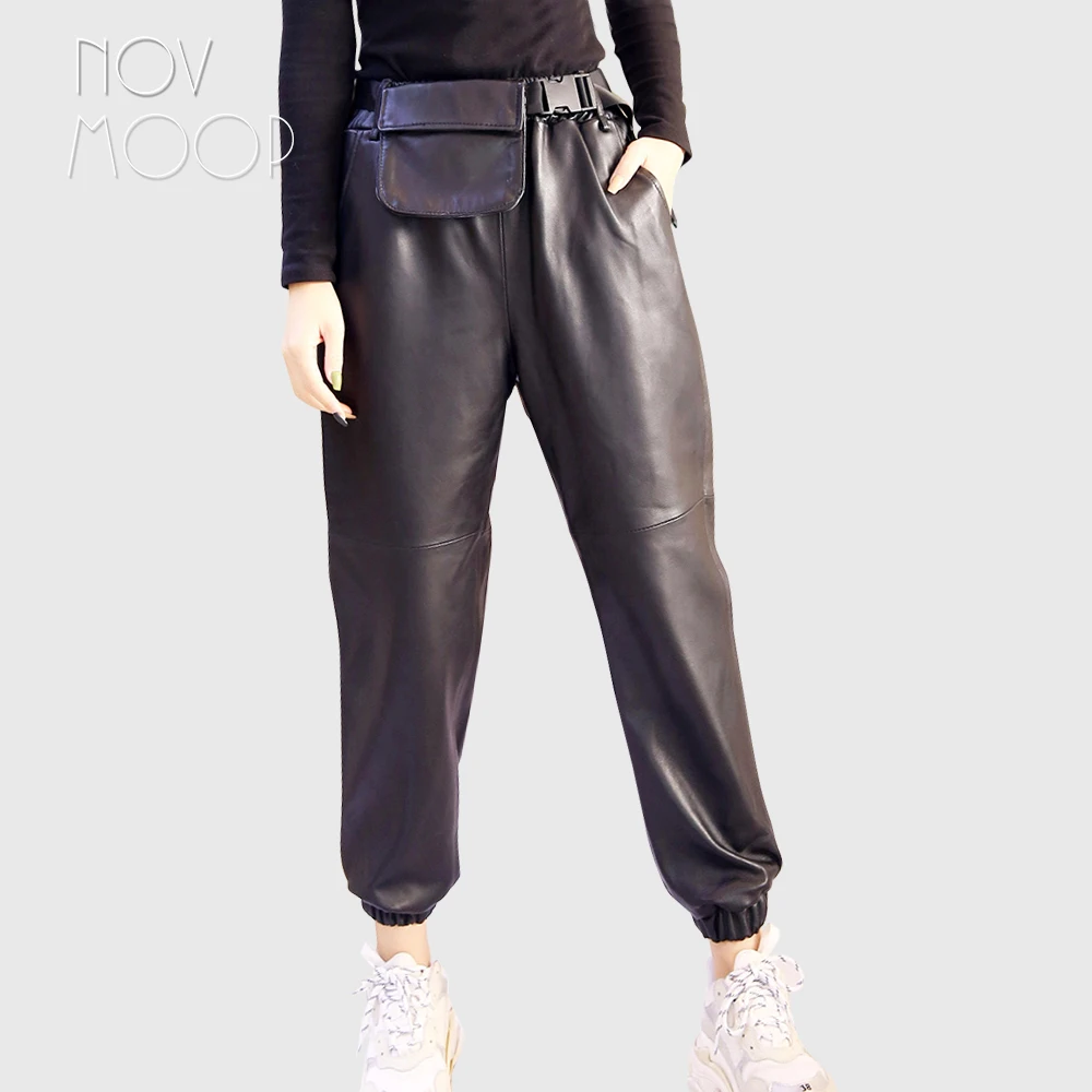 

Novmoop women black sheepskin genuine leather legging harem pants with pocket decor pantaloni donna pantalones mujer LT3074