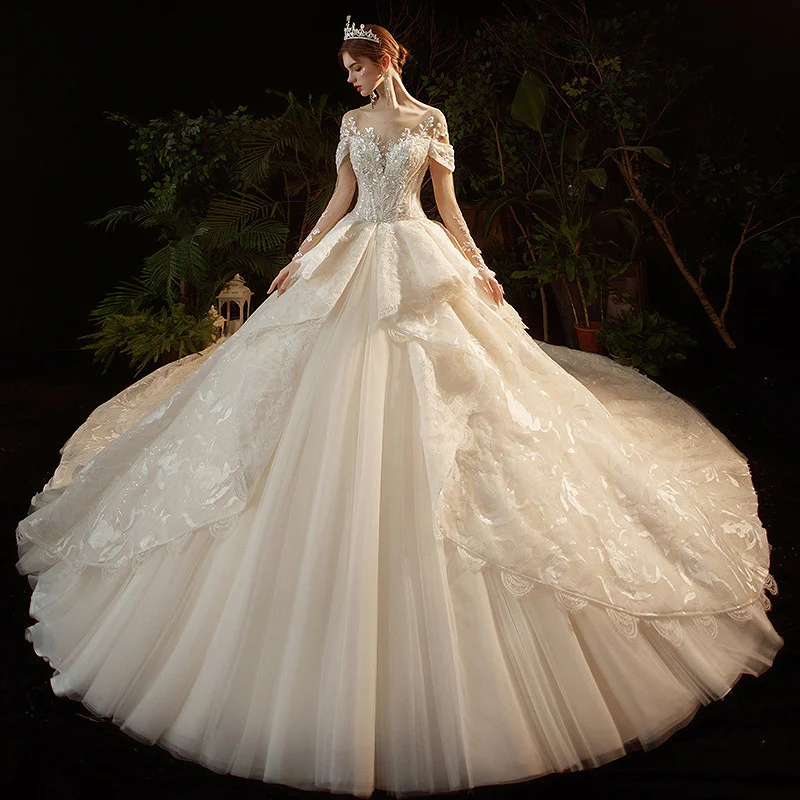Великолепные Роскошные свадебные платья с круглым вырезом иллюзия длинным