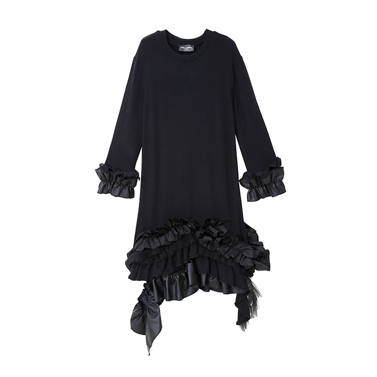 Новинка, женское стильное зимнее однотонное Черное длинное платье с длинным рукавом и оборками, элегантное вечернее платье, Клубная одежда, Vestidos 5715